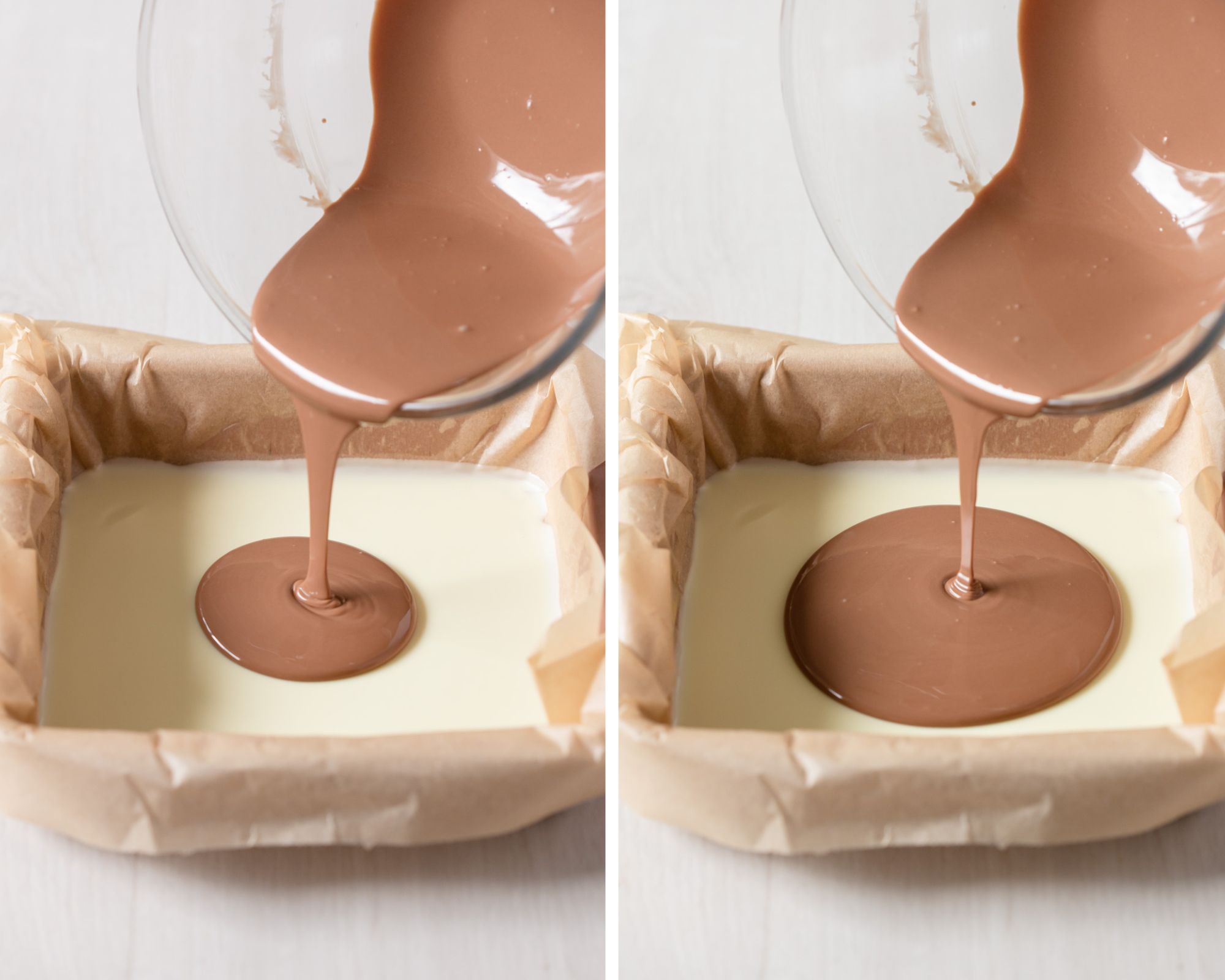 Pouring melted milk chocolate over white chocolate layer in tin.