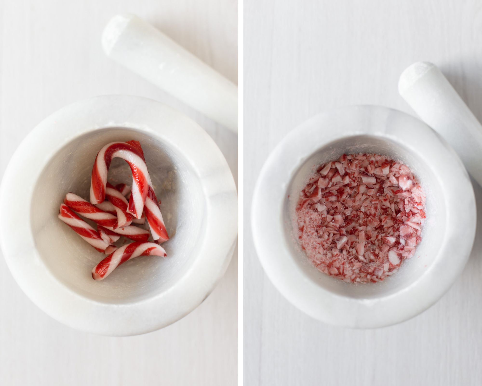 Crushing the candy canes in a mortar and pestle.