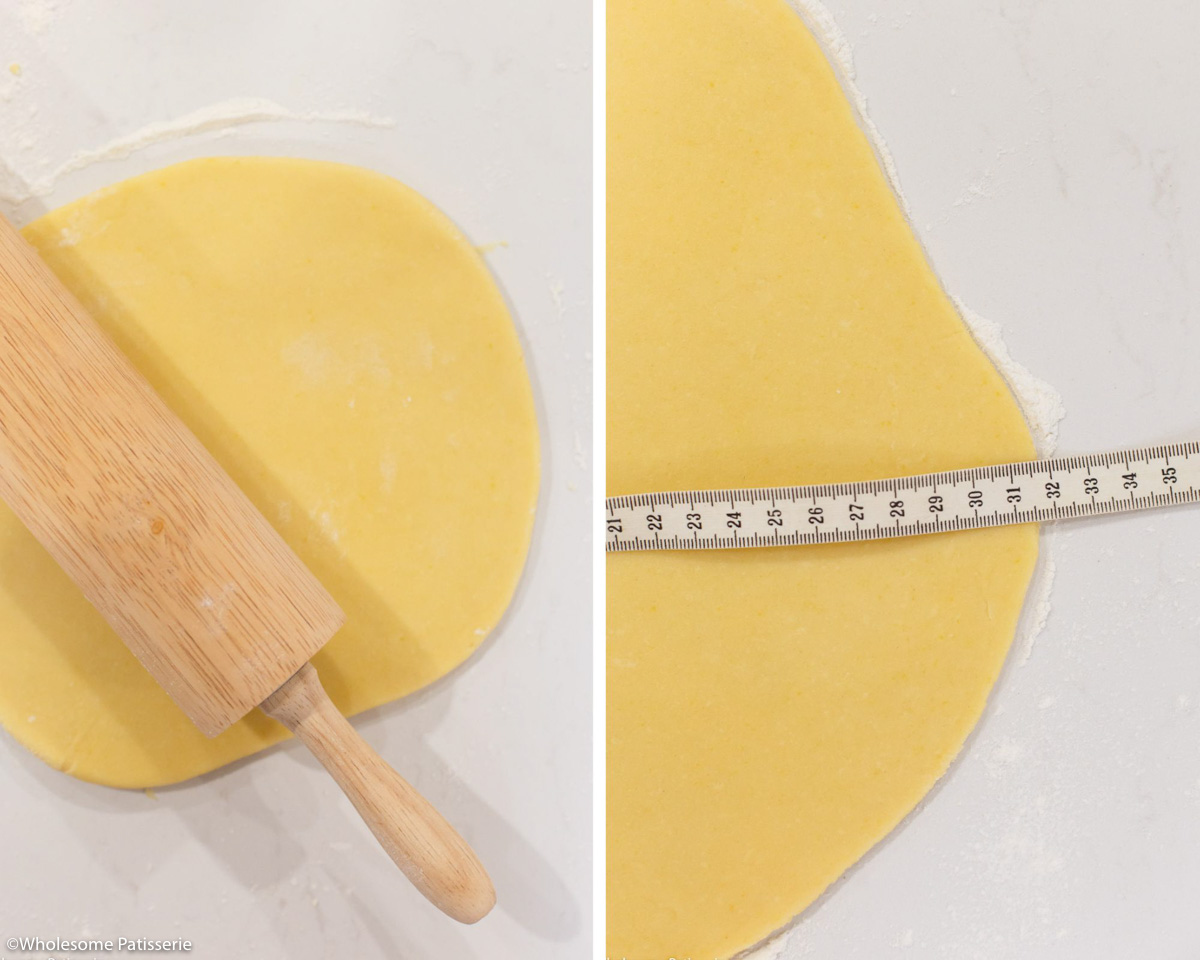 Rolling out the dough on counter top and measuring it with a measuring tape.