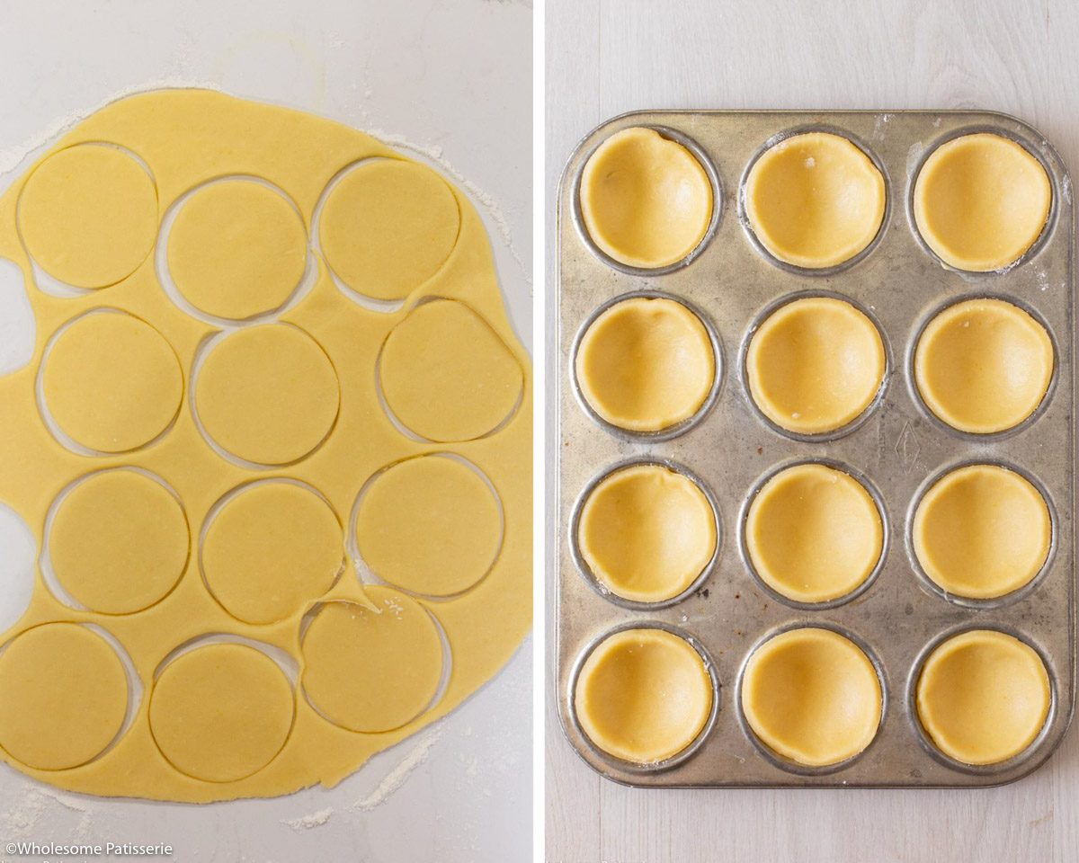 Cutting out shapes for the bases and the pastry bases in the shallow patty cake pan.
