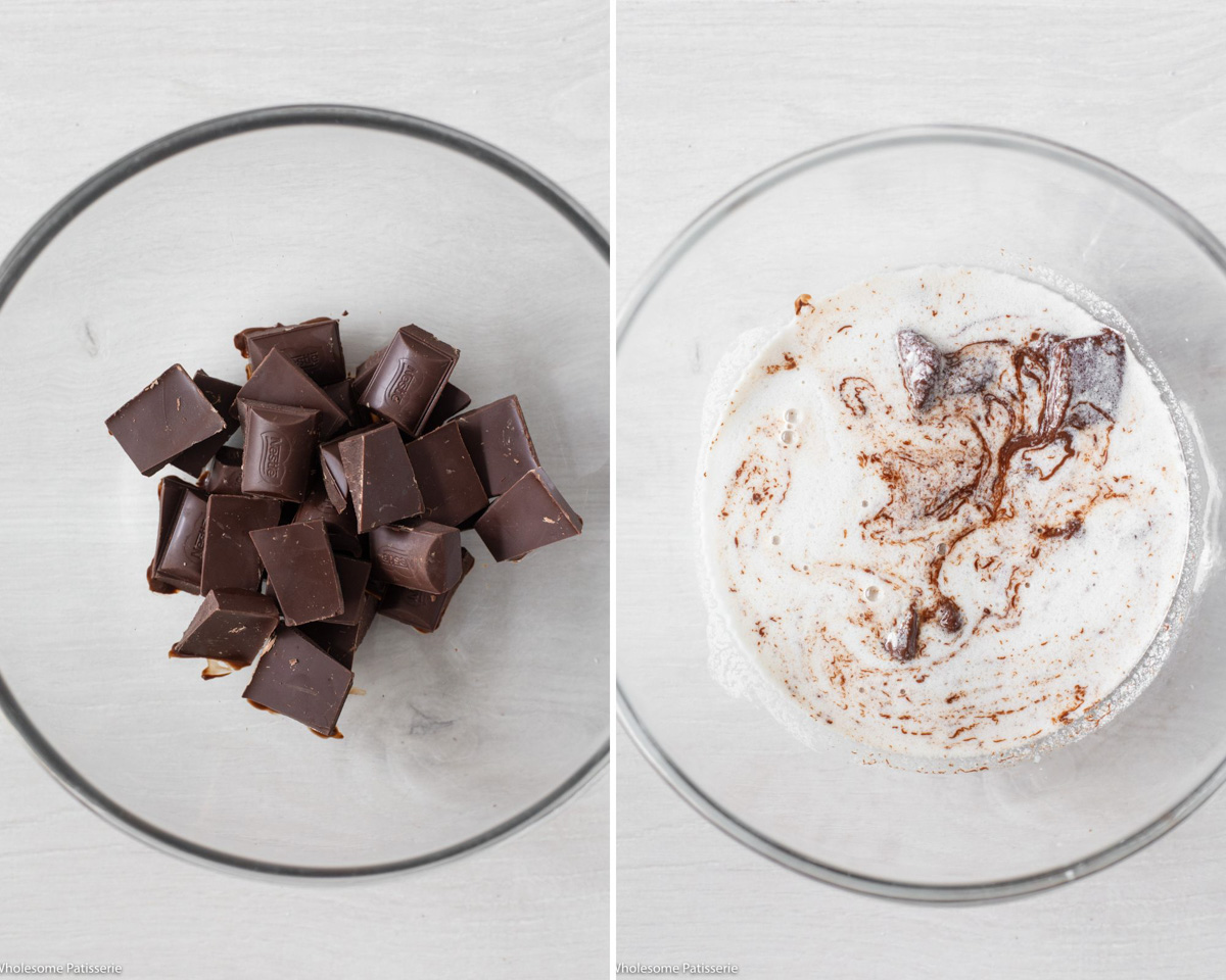 The broken up dark chocolate in a glass clear mixing bowl with the warm cream poured over.
