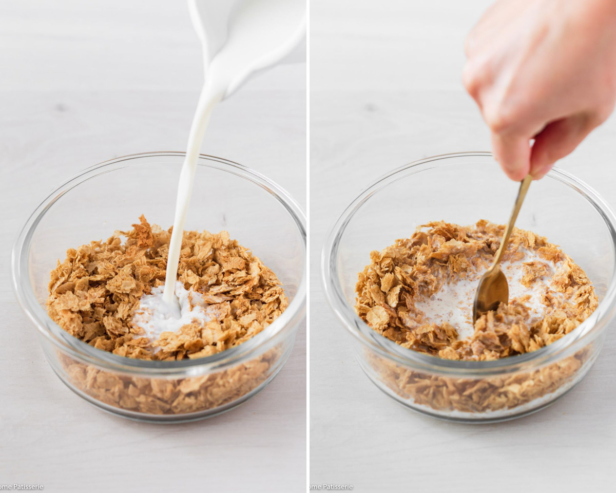 Pouring milk into the crushed Weetabix in the glass container.