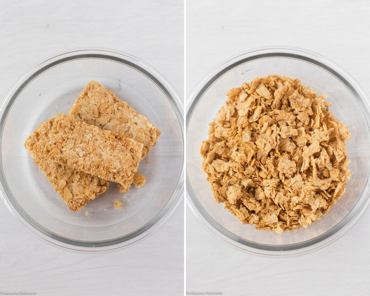 Crushing Weetabix into glass storage container.