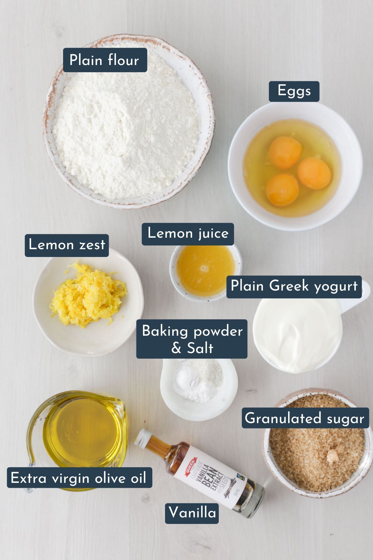 Ingredients to make lemon sryup cake are all purpose flour, baking powder, salt, eggs, greek yogurt, vanilla extract, granulated sugar, olive oil, lemon zest and lemon juice.
