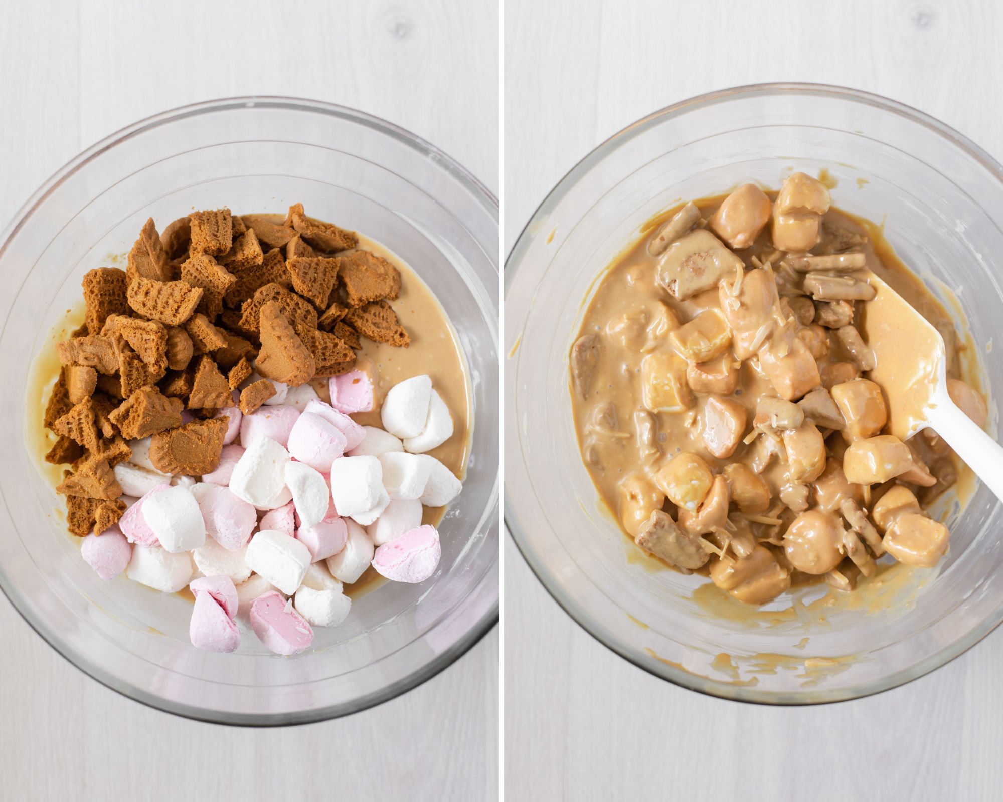 Mixing cut marshmallows and broken Biscoff biscuits into melted chocolate and Biscoff spread mixture until coated well.