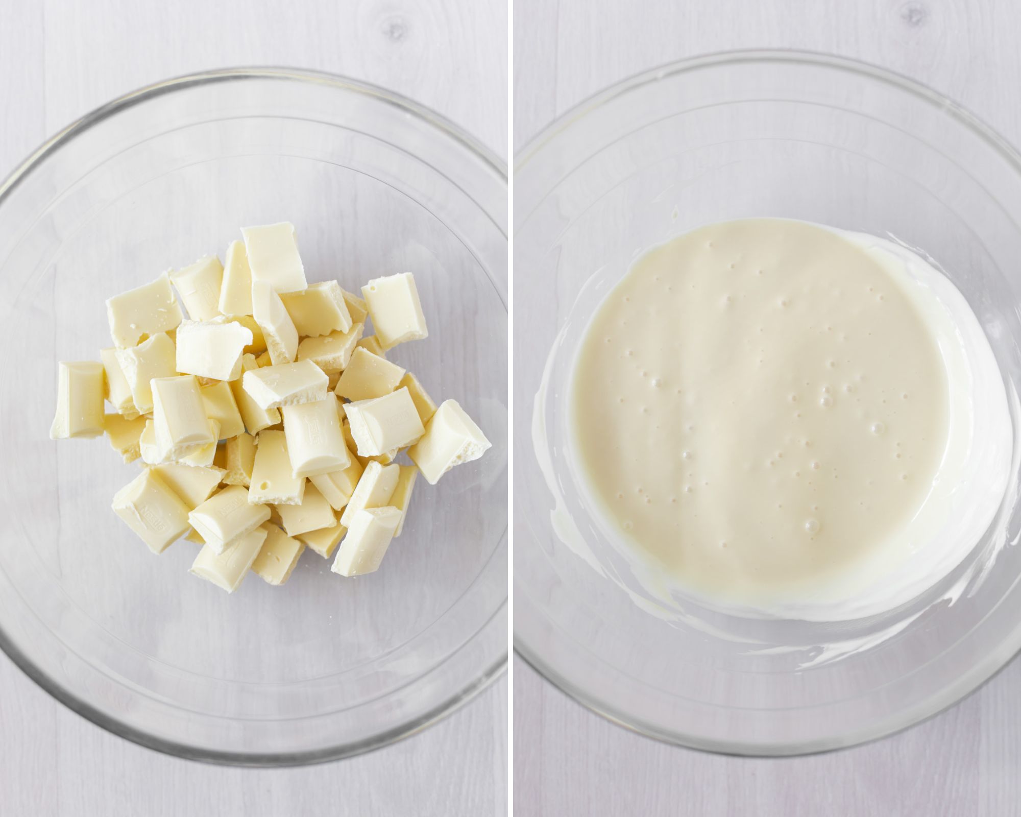 Block of white chocolate broken up in clear glass mixing bowl and melted in the bowl.