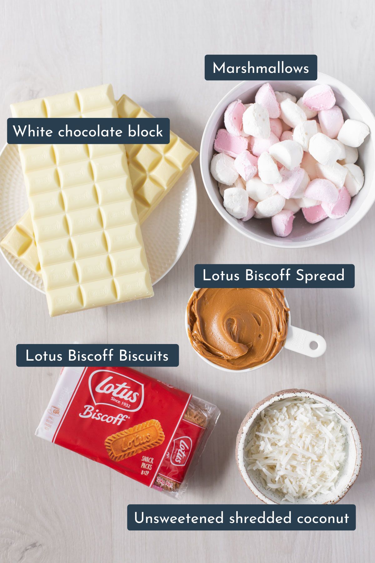 Ingredients to make Biscoff rocky road are Lotus biscoff spread and biscuit, unsweetened shredd coconut, white chocolate block and marshmallows.