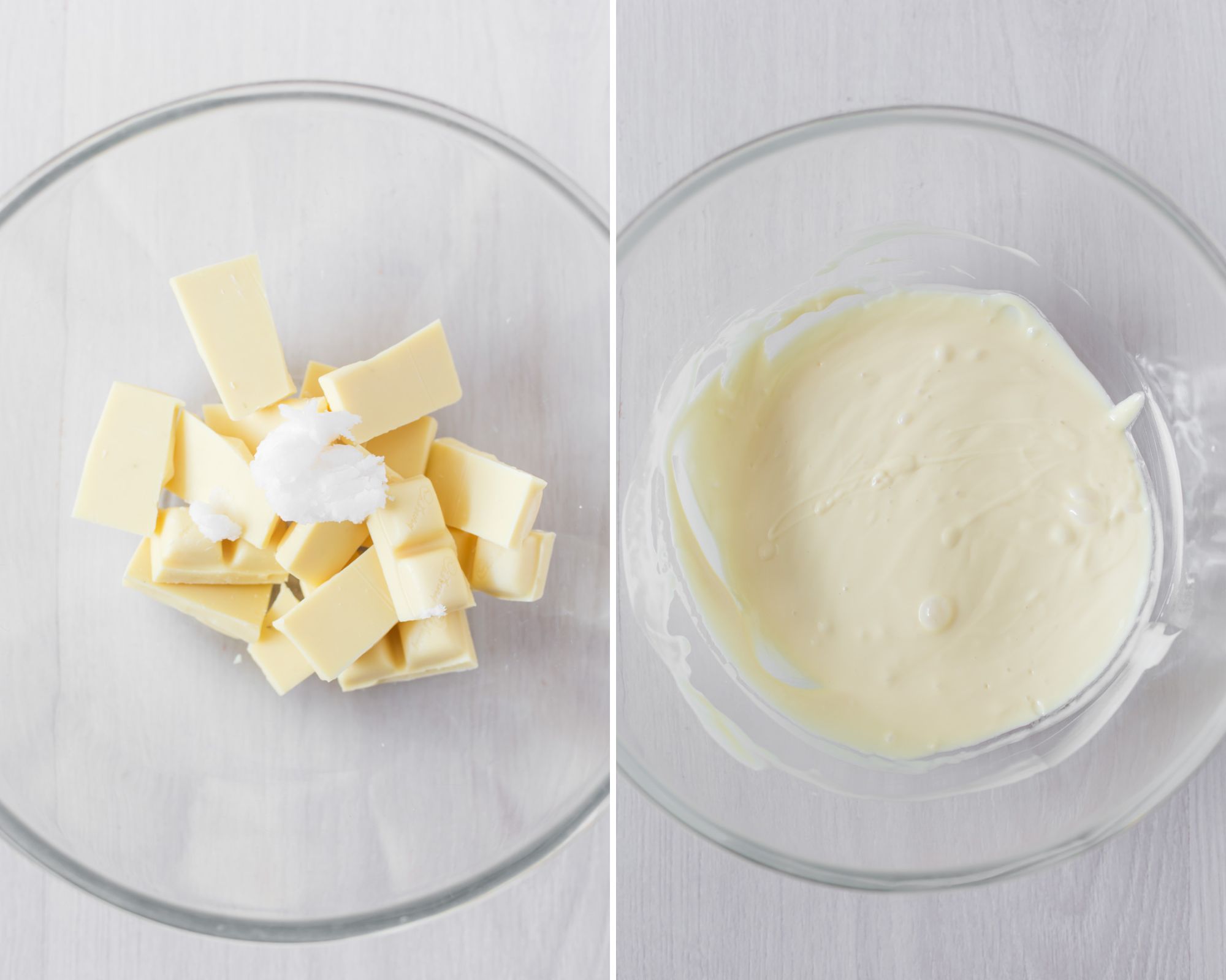 Melting white chocolate with coconut oil in a heat-proof glass bowl.