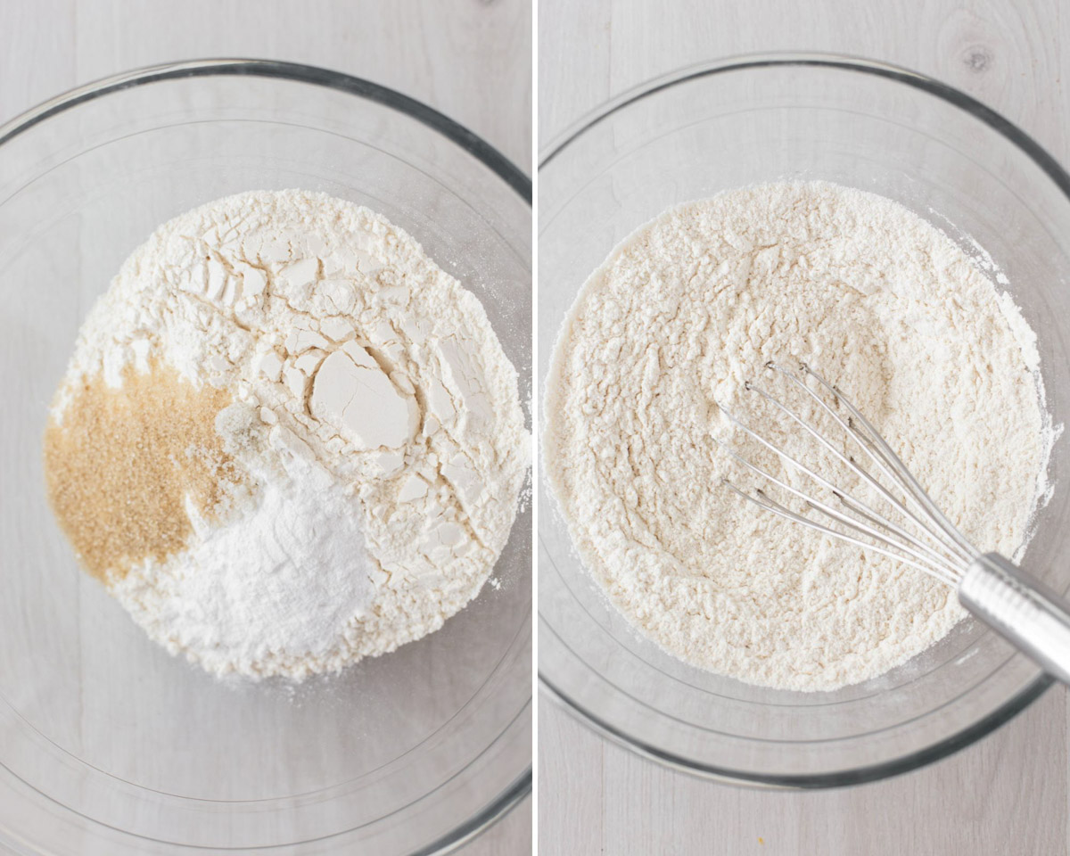 Whisking together the flour, baking powder, salt and sugar in a clear glass mixing bowl with a hand held whisk.