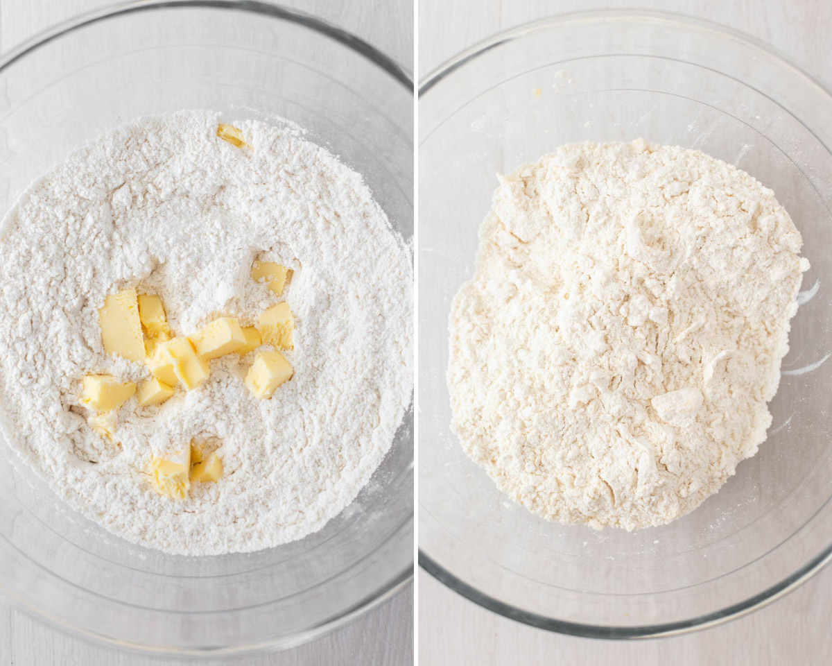 Rubbing the chilled cubed butter into the dry flour mixture in a mixing bowl.