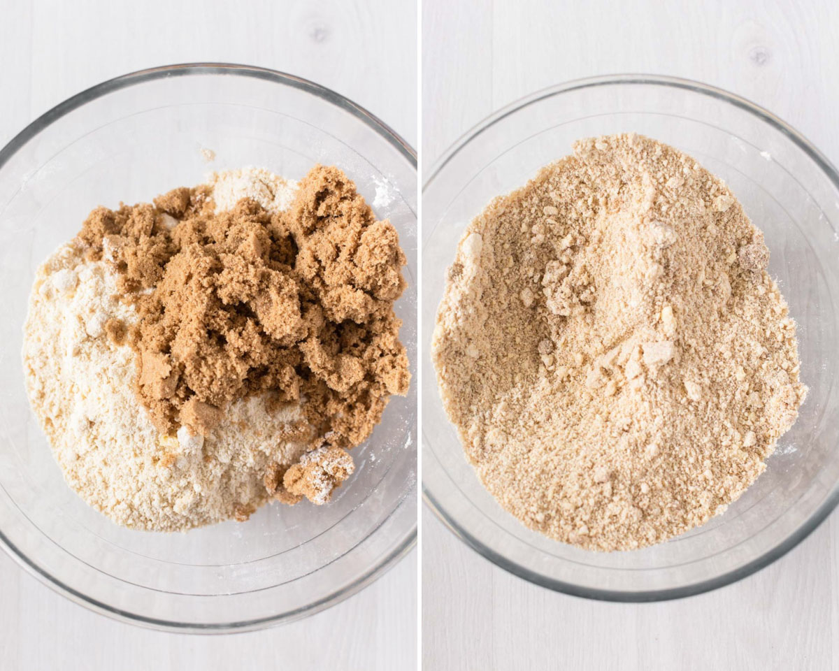 Mixing brown sugar into flour and butter mixture