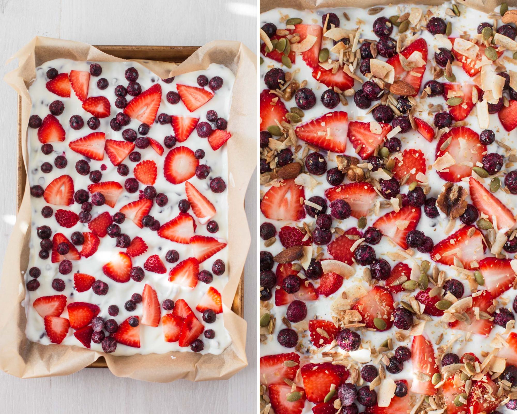 Topping yogurt base with sliced strawberries, blueberries and granola