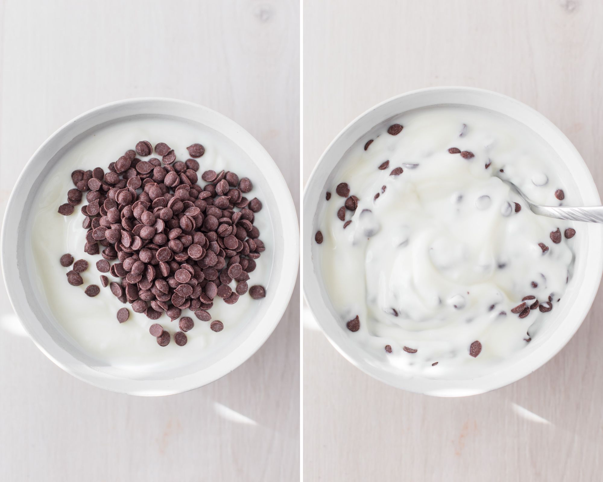 Stirring chocolate chips through vanilla Greek yogurt