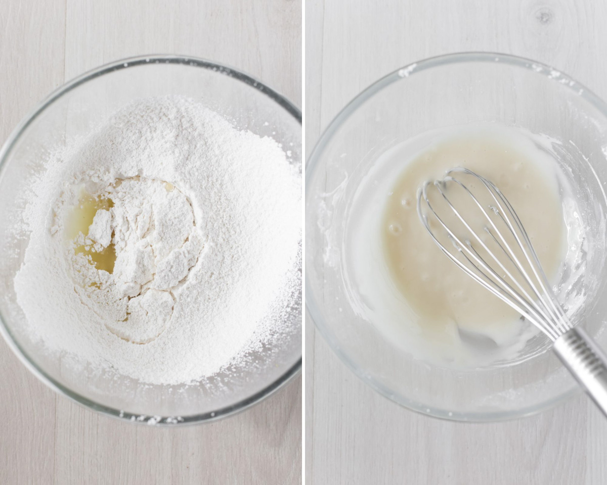 Whisking together the powdered sugar and lemon juice to make the lemon icing
