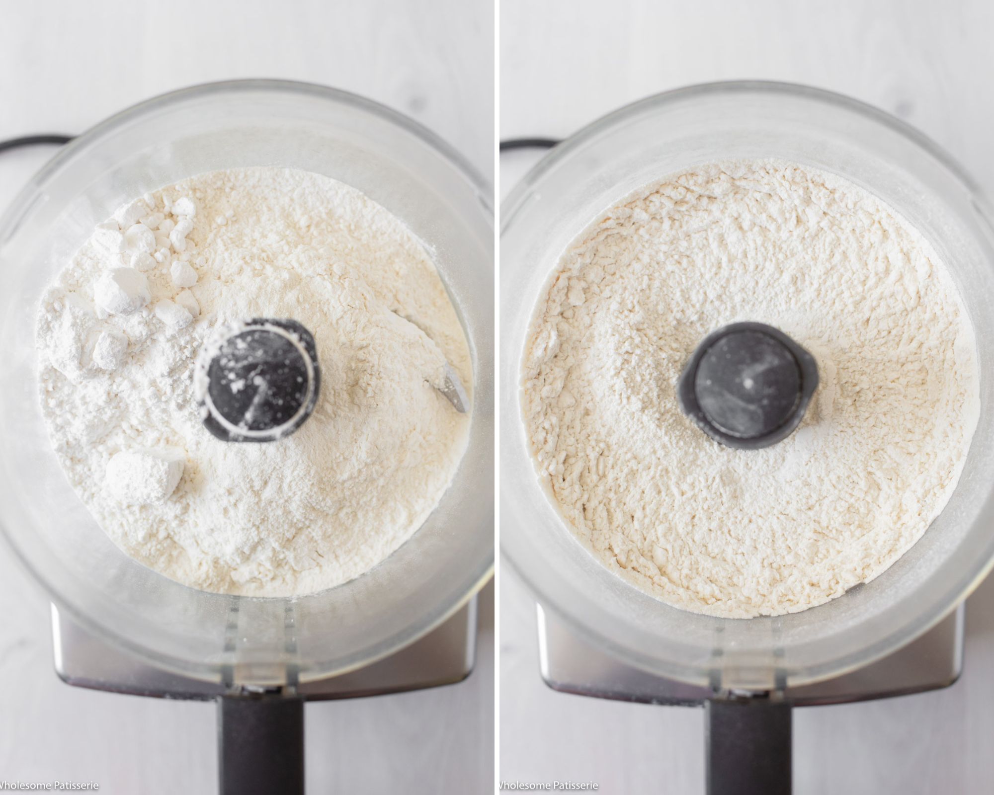In a food processor pulsing together the flour, baking powder, sugar and salt.