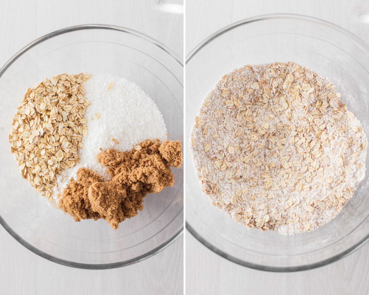Whisking together flour, coconut, sugar and oats in clear glass mixing bowl
