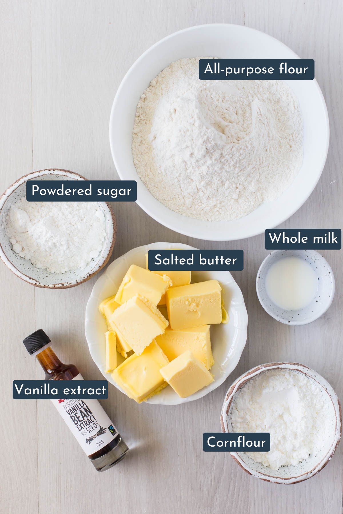 Ingredients to make vanilla melting moments are all-purpose flour, salted butter, vanilla extract, powdered sugar, whole milk and cornflour. or cornstarch