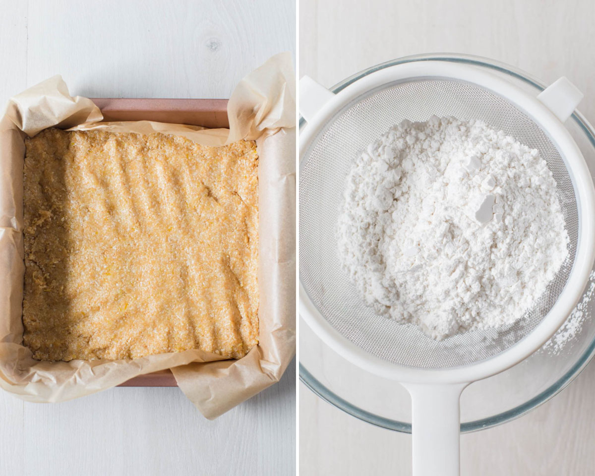Pressing the biscuit base into the lined baking tin then sift the powdered sugar into a separate clean bowl.