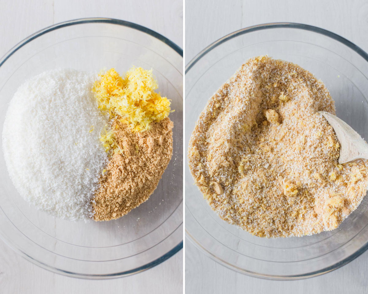 Mixing together the crushed biscuits, coconut and lemon zest in a glass mixing bowl.
