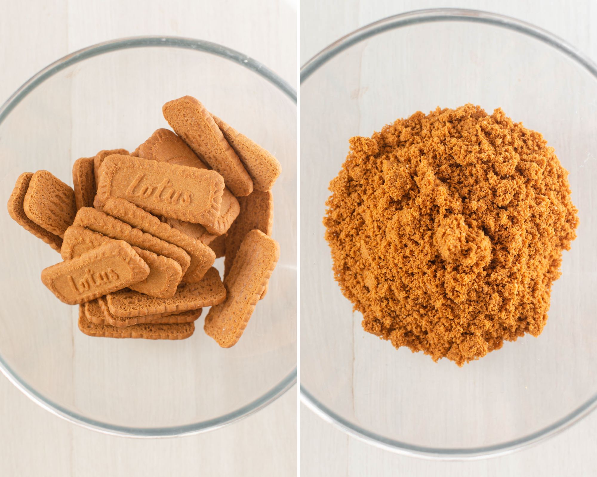 Lotus biscuits before and after being crushed to a crumb.