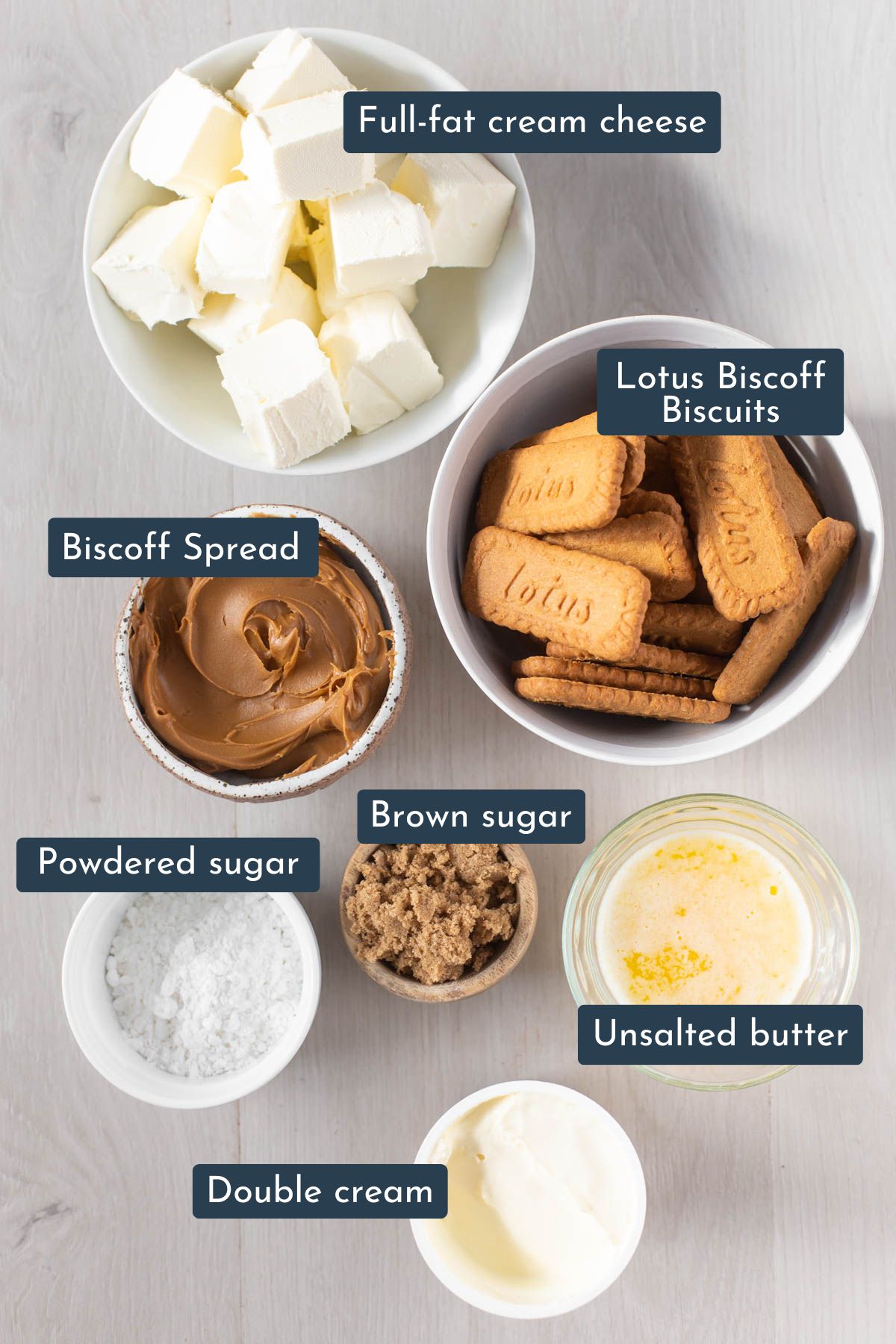 Ingredients to make Biscoff Lotus Cheesecake is full-fat cream cheese block, Lotus Biscoff biscuits, brown sugar, unsalted butter, Lotus Biscoff spread, powdered sugar and double cream.