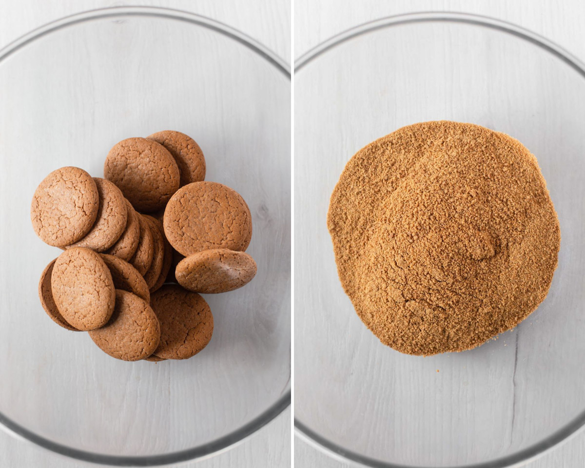 Crushing gingersnap cookies to crumb in mixing bowl