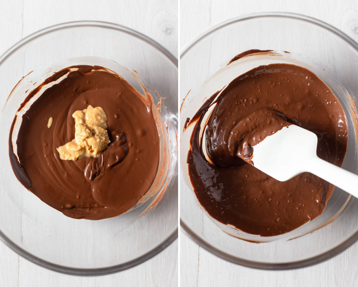 Stirring peanut butter through melted chocolate in mixing bowl