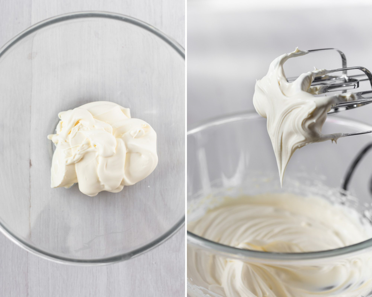 Double cream whipped in bowl to firm peaks