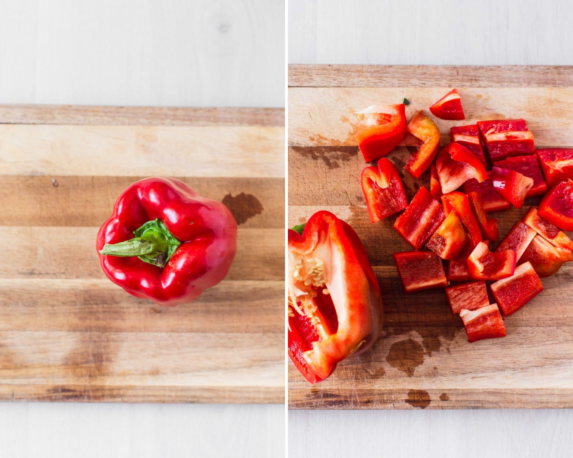 Chopping red bell pepper into small chunks.