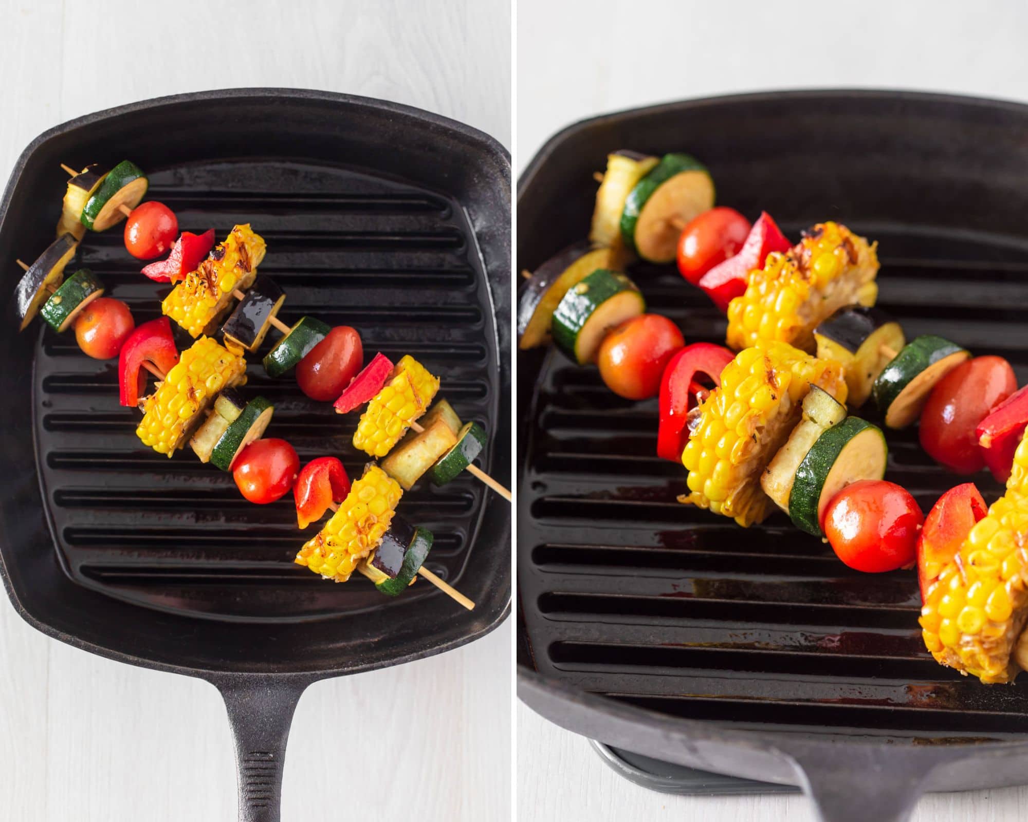 Vegetable skewers on grill pan.