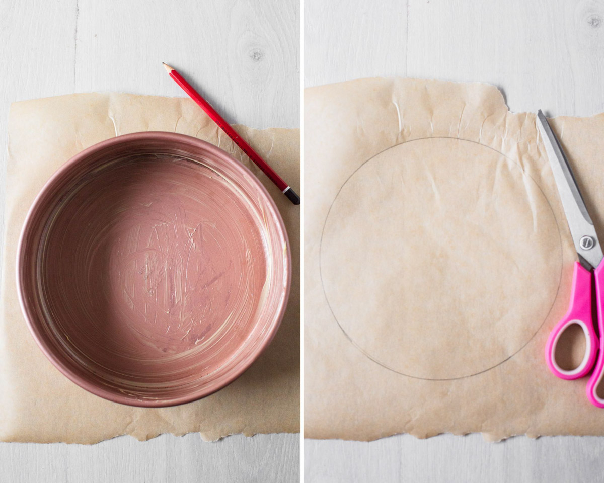 Tracing bottom of cake tin onto sheet of parchment paper to line the base