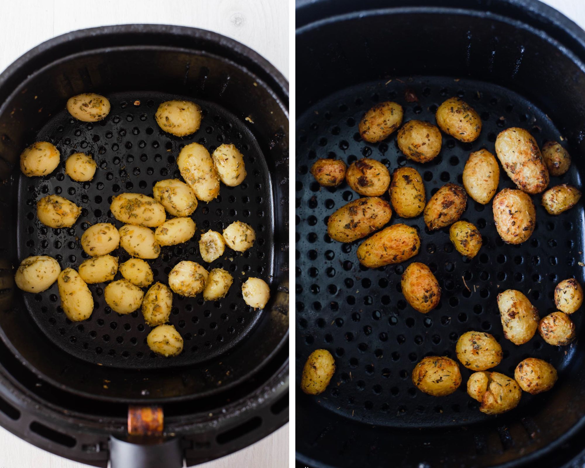 Coated seasoned potatoes before and after roasted in air fryer basket.