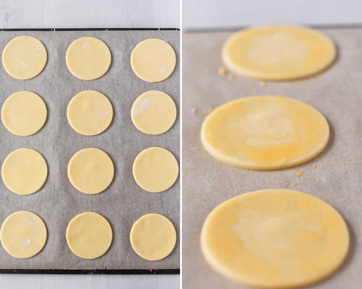 Shortcrust pastry cut into round and placed on lined baking sheet with egg wash brushed around edges of each