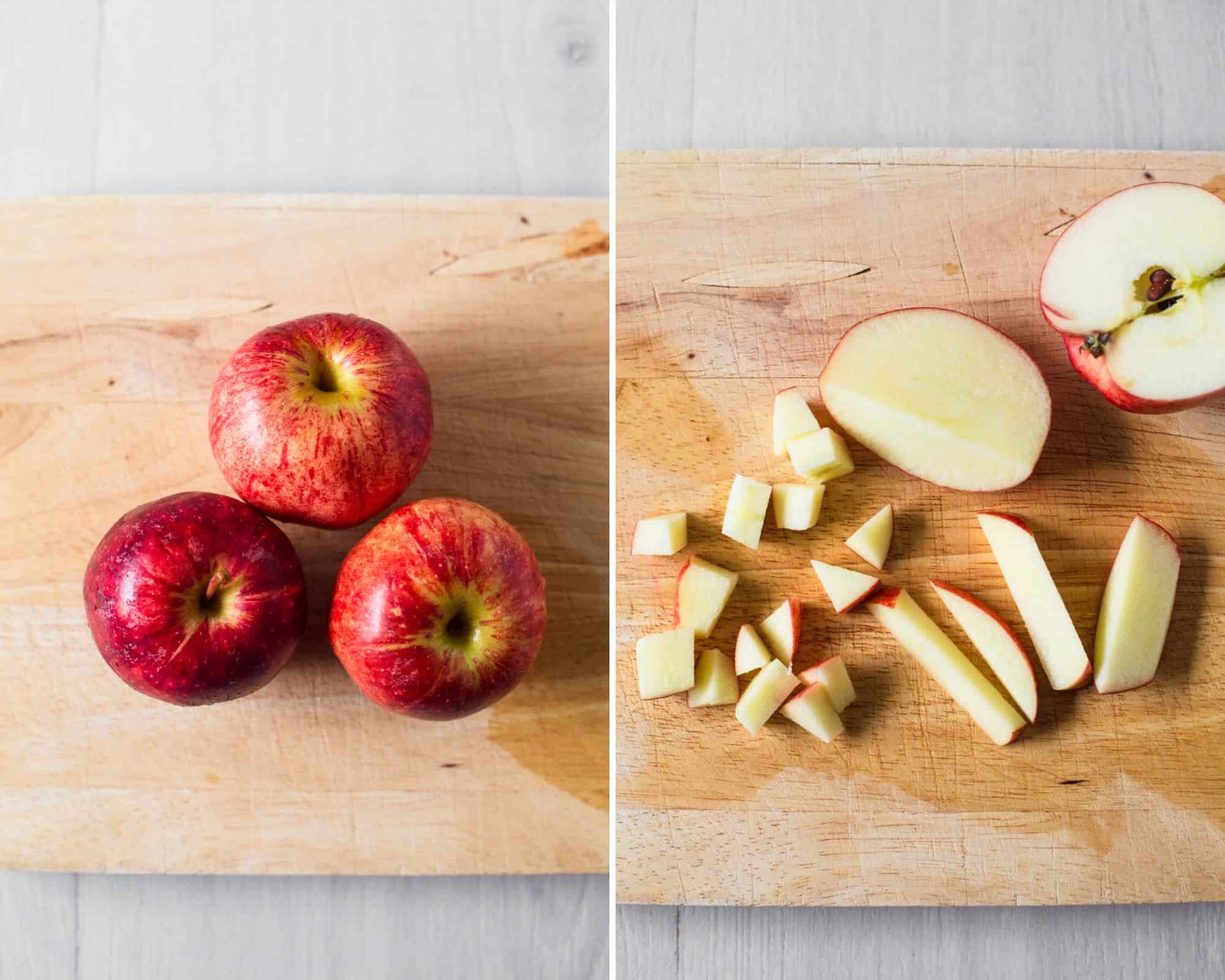 Chopping pink lady apples on wooden chopping board.
