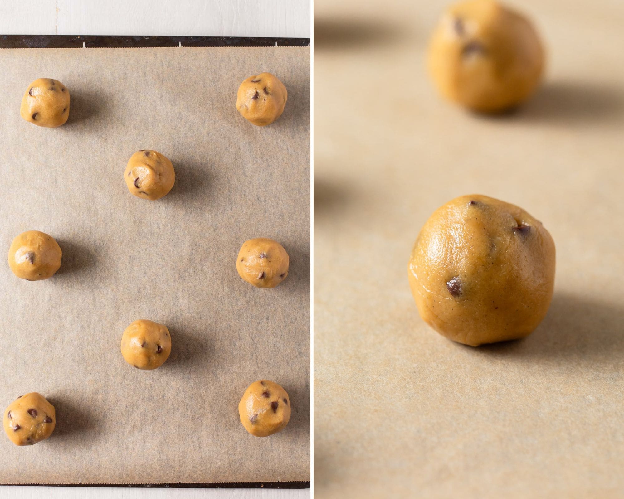 Cookie dough balls on lined baking sheet before baking.