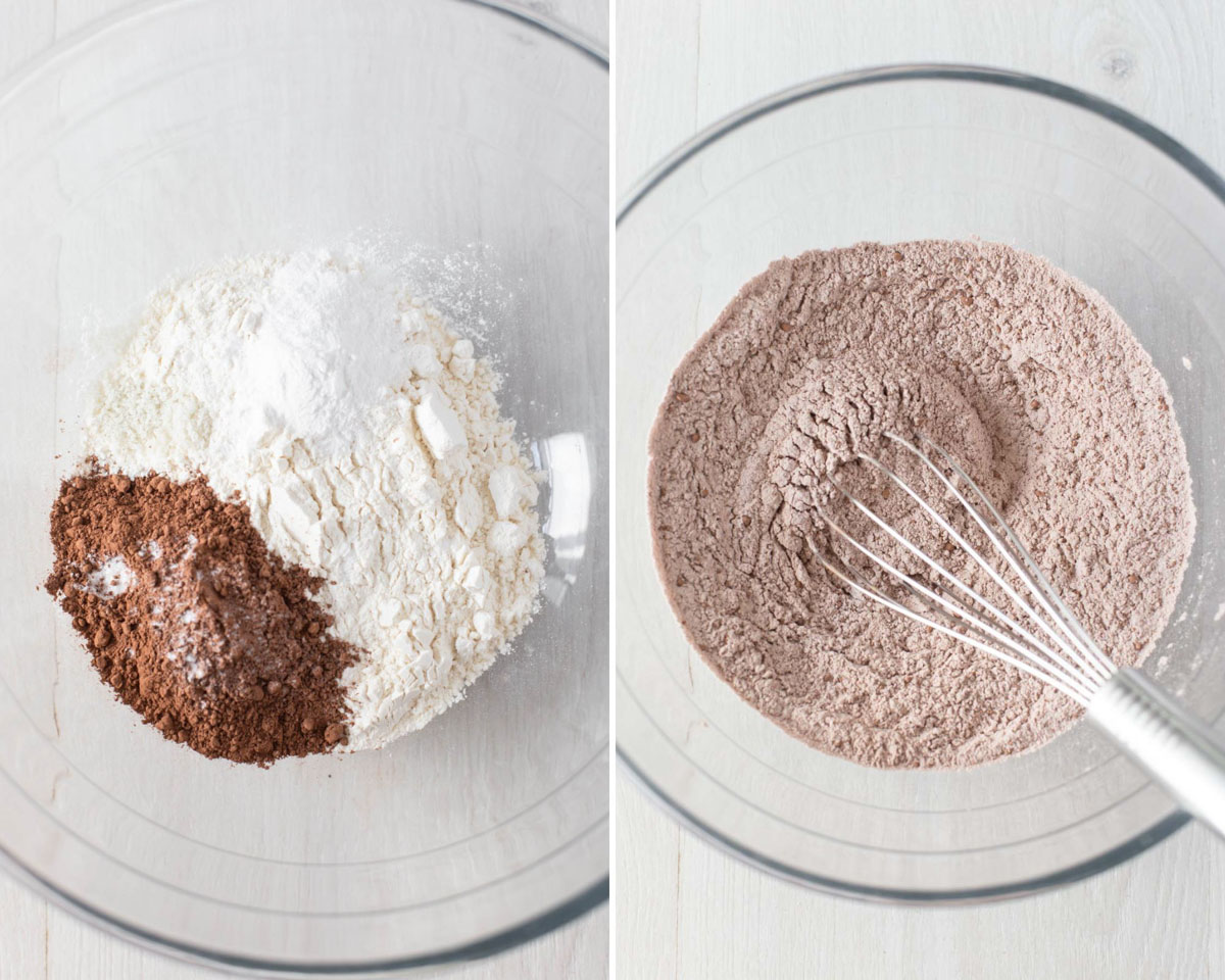 Whisking together flour, baking powder, cocoa powder and salt in mixing bowl
