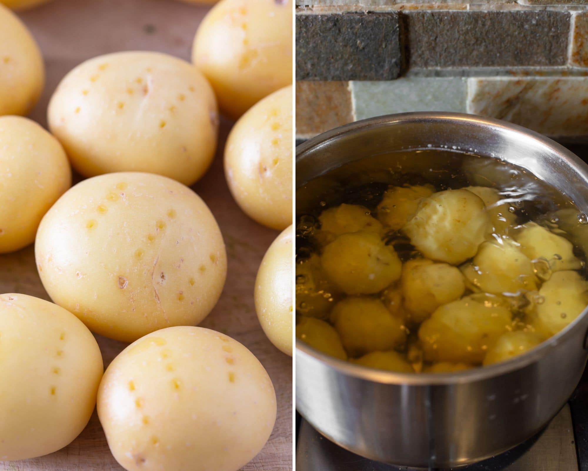Piercing baby potatoes with fork and boiling them in a pot on the stovetop.