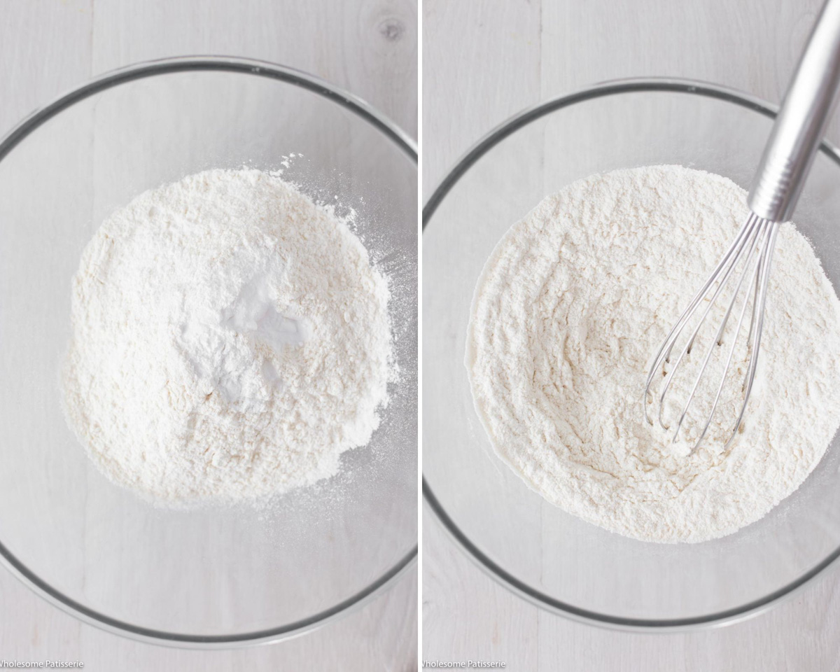 Whisking together flour, baking powder, baking soda and salt in glass mixing bowl