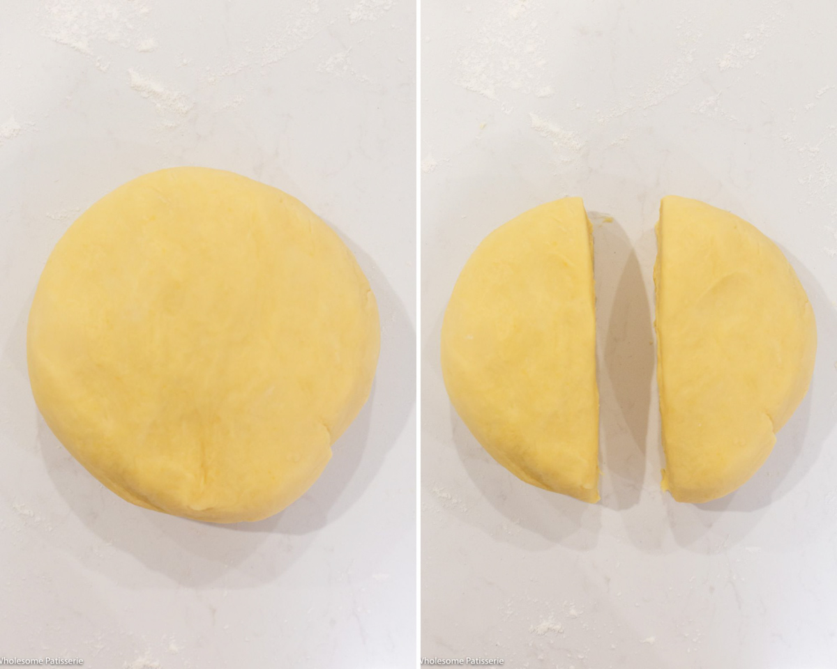 Shortcrust pastry kneaded and rolled into a disc and cut in half