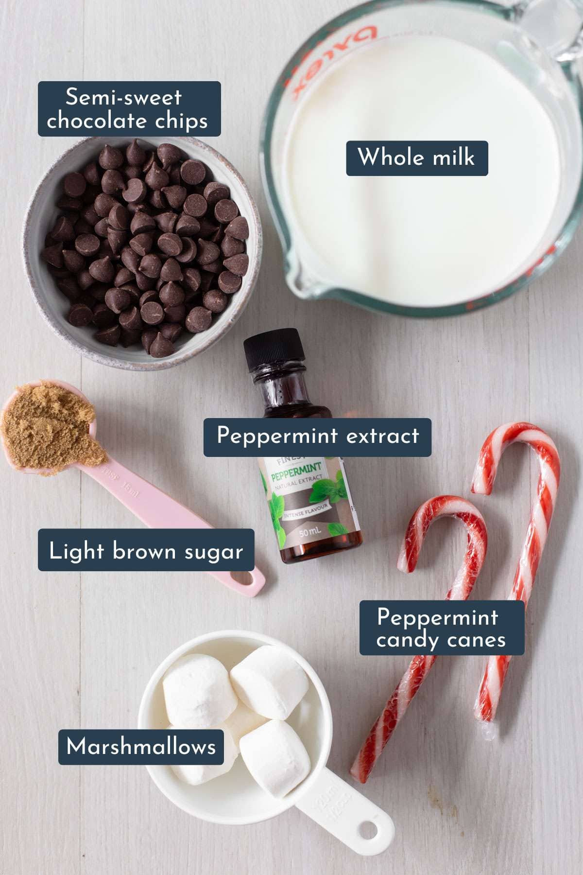 Ingredients need to make peppermint hot chocolate on white wooden background.