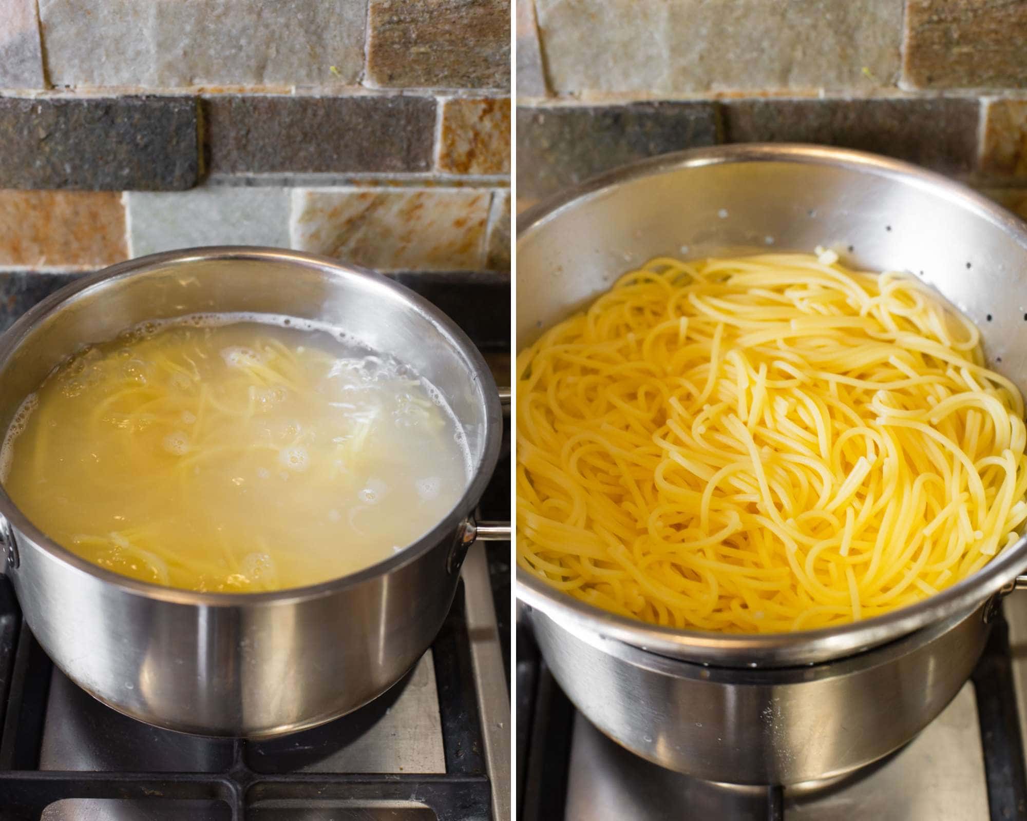 Spaghetti cooking in pot of boiling water on stovetop.