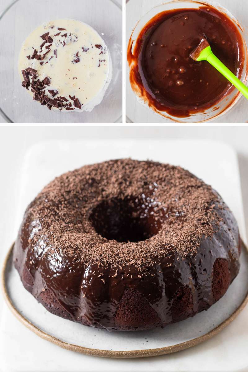 Making ganache and pouring over cooled cake.