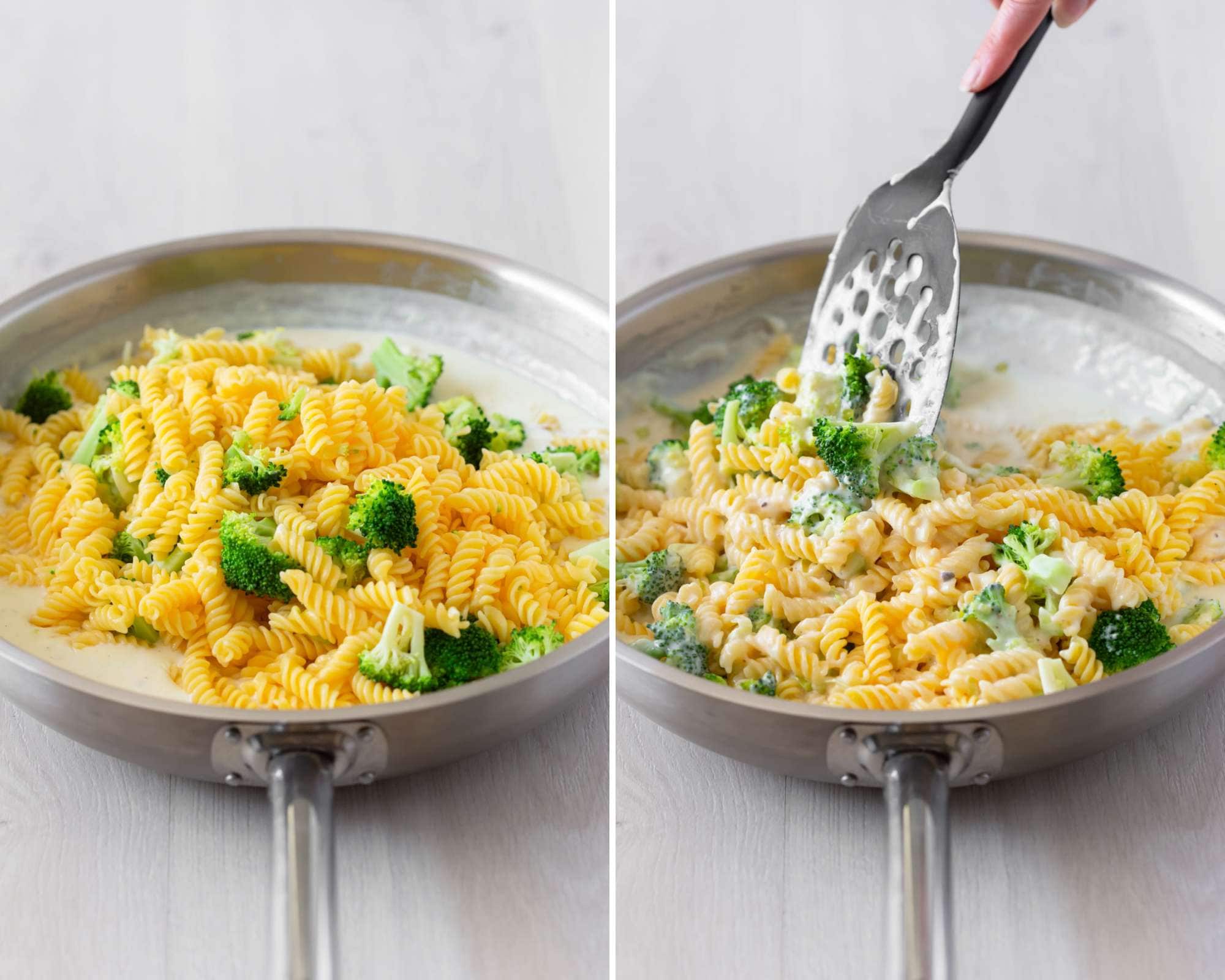 Mixing cooked pasta and broccoli through white sauce.