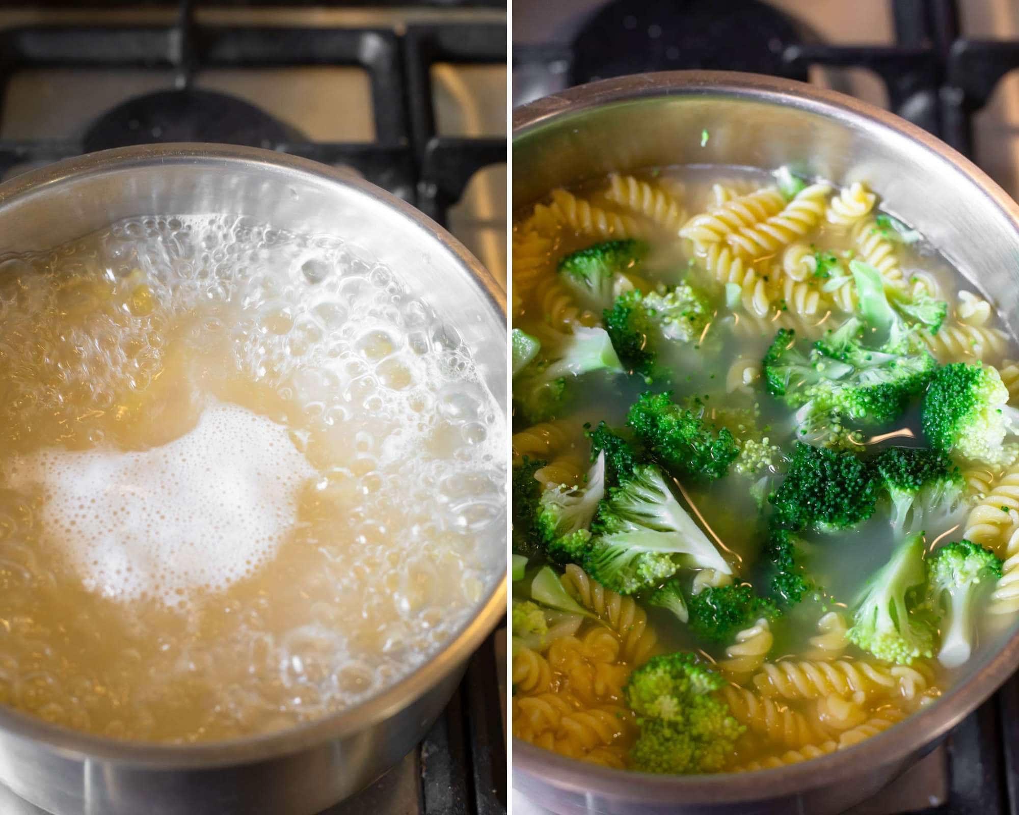 Rotini pasta cooking in boiling water with broccoli florets adding to pot.