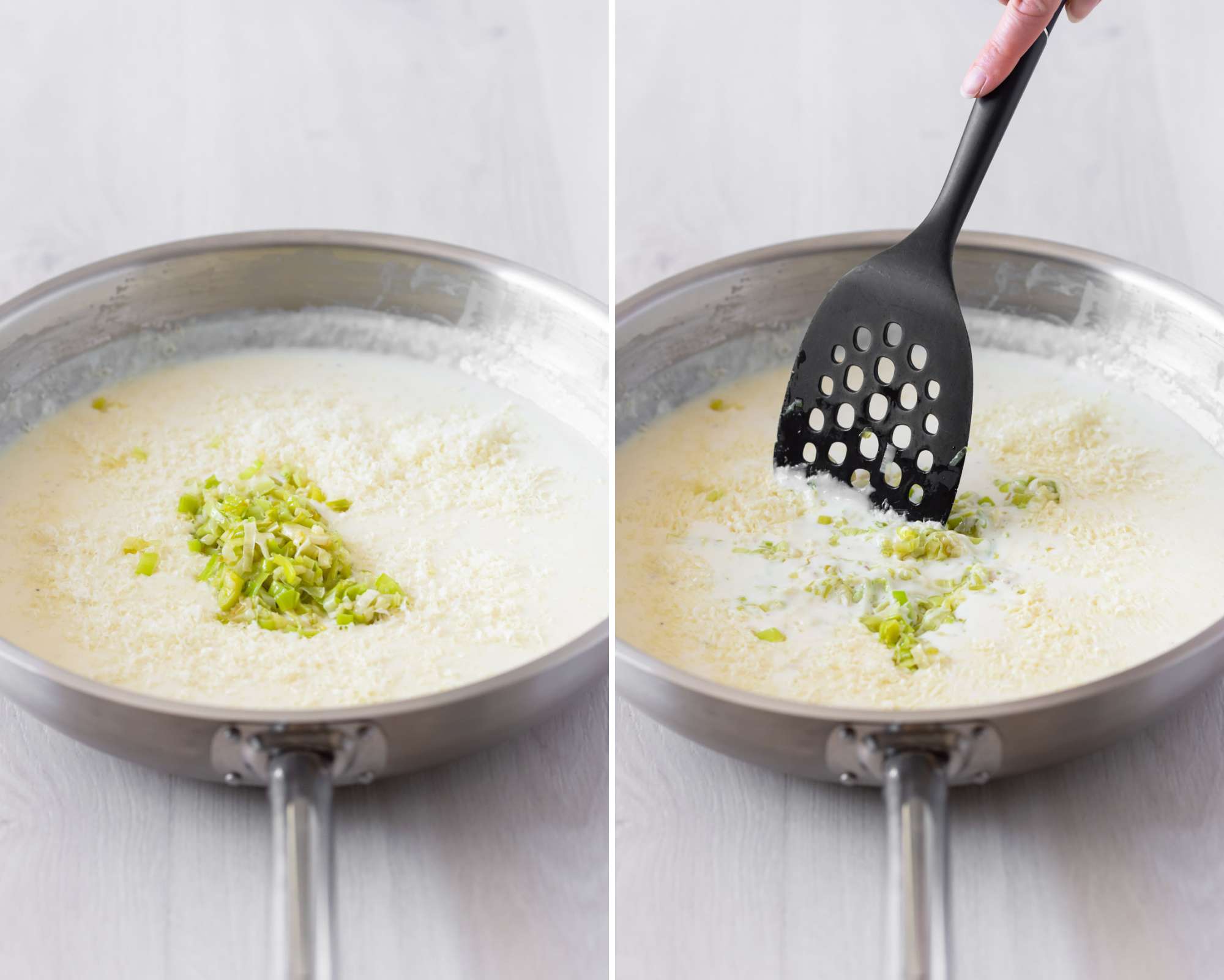 Stirring cooked leek and parmesan cheese through white sauce.