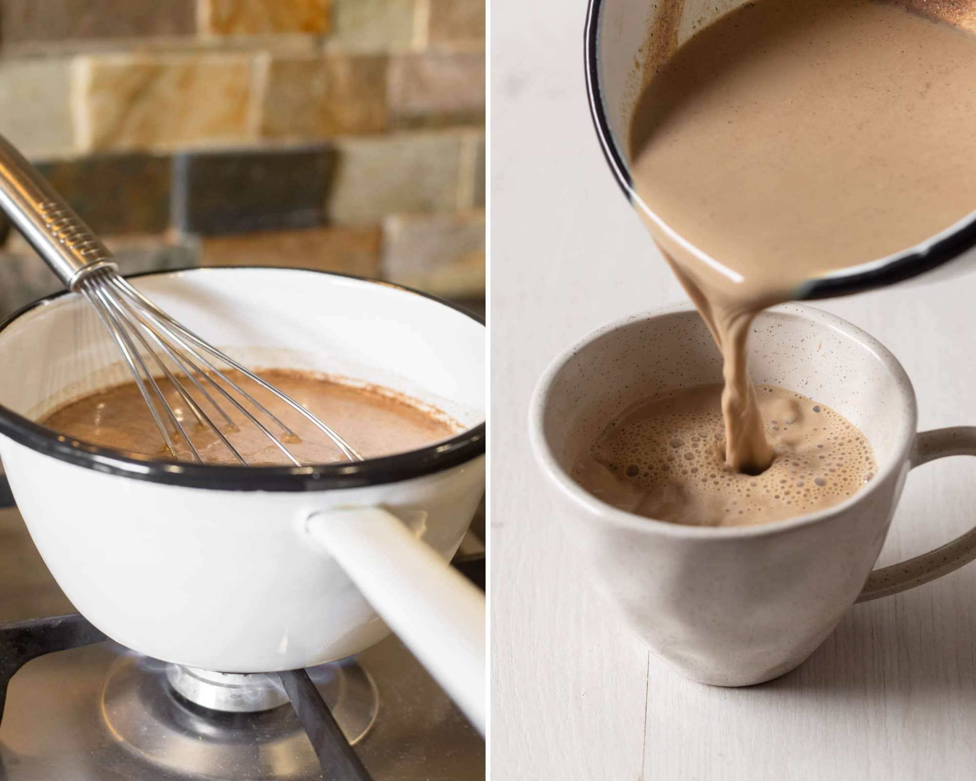 Gingerbread latte in saucepan on stovetop.