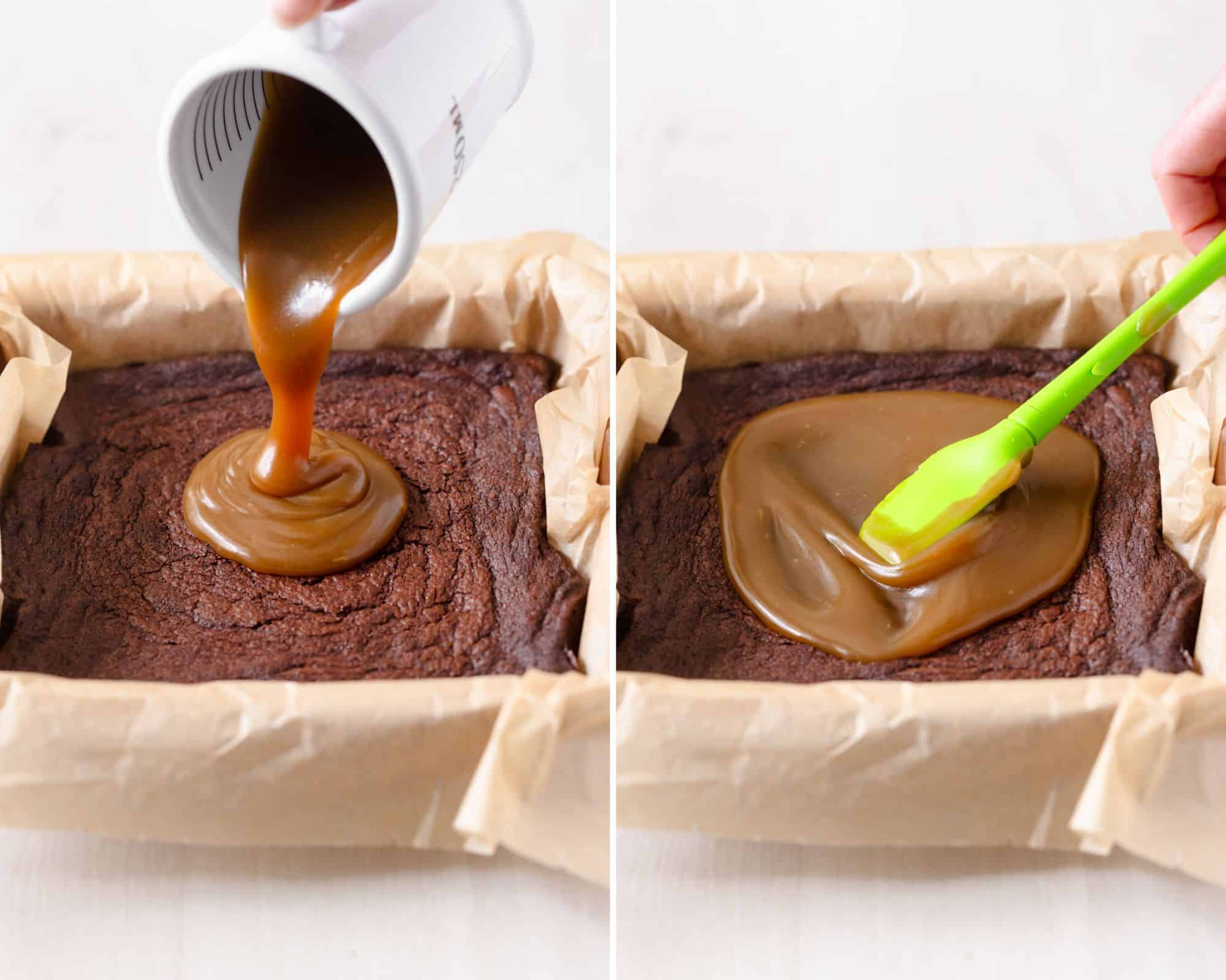Pouring caramel sauce over baked brownie.