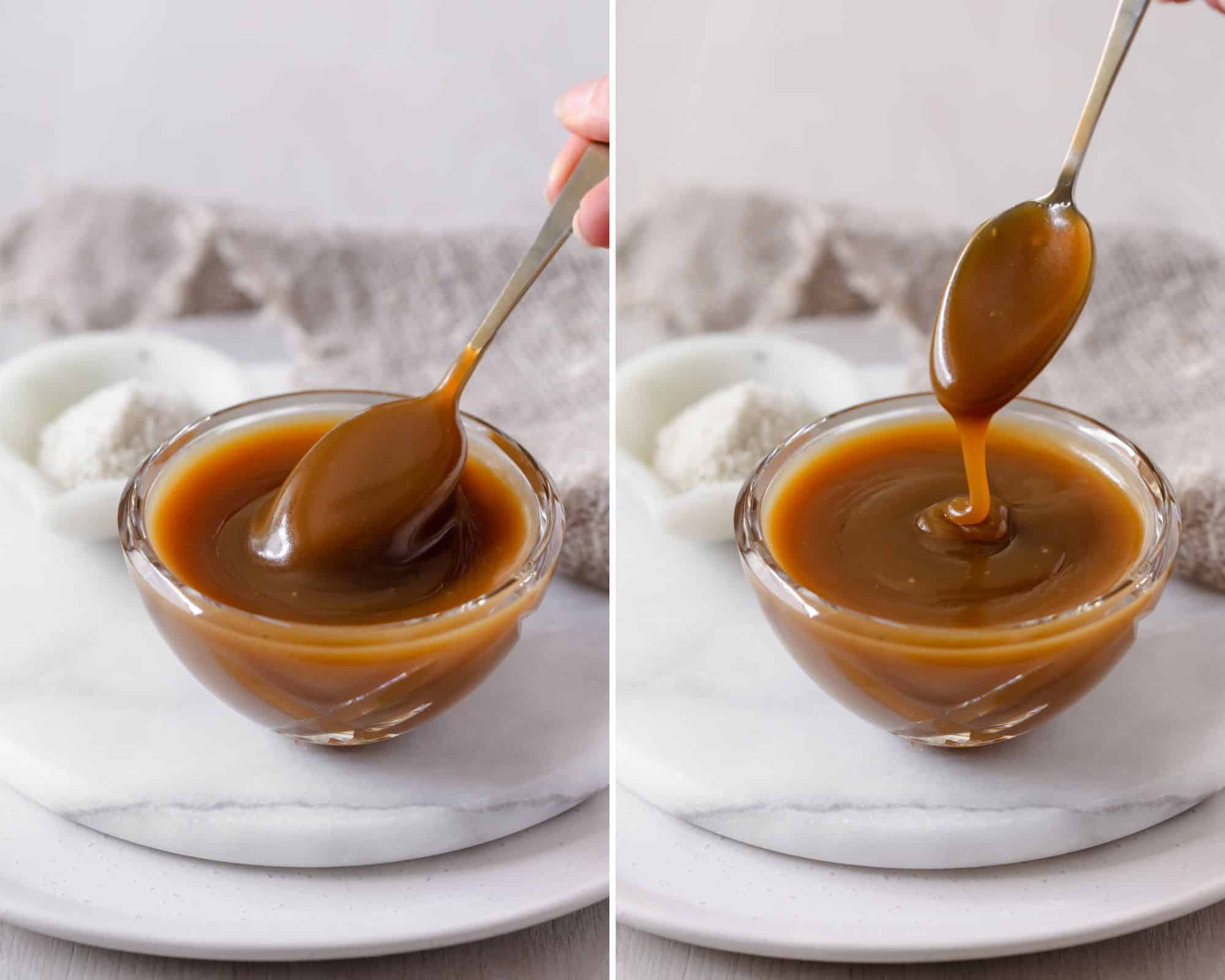 Caramel sauce in bowl with spoon scooping some out and drizzling it back down into the bowl.