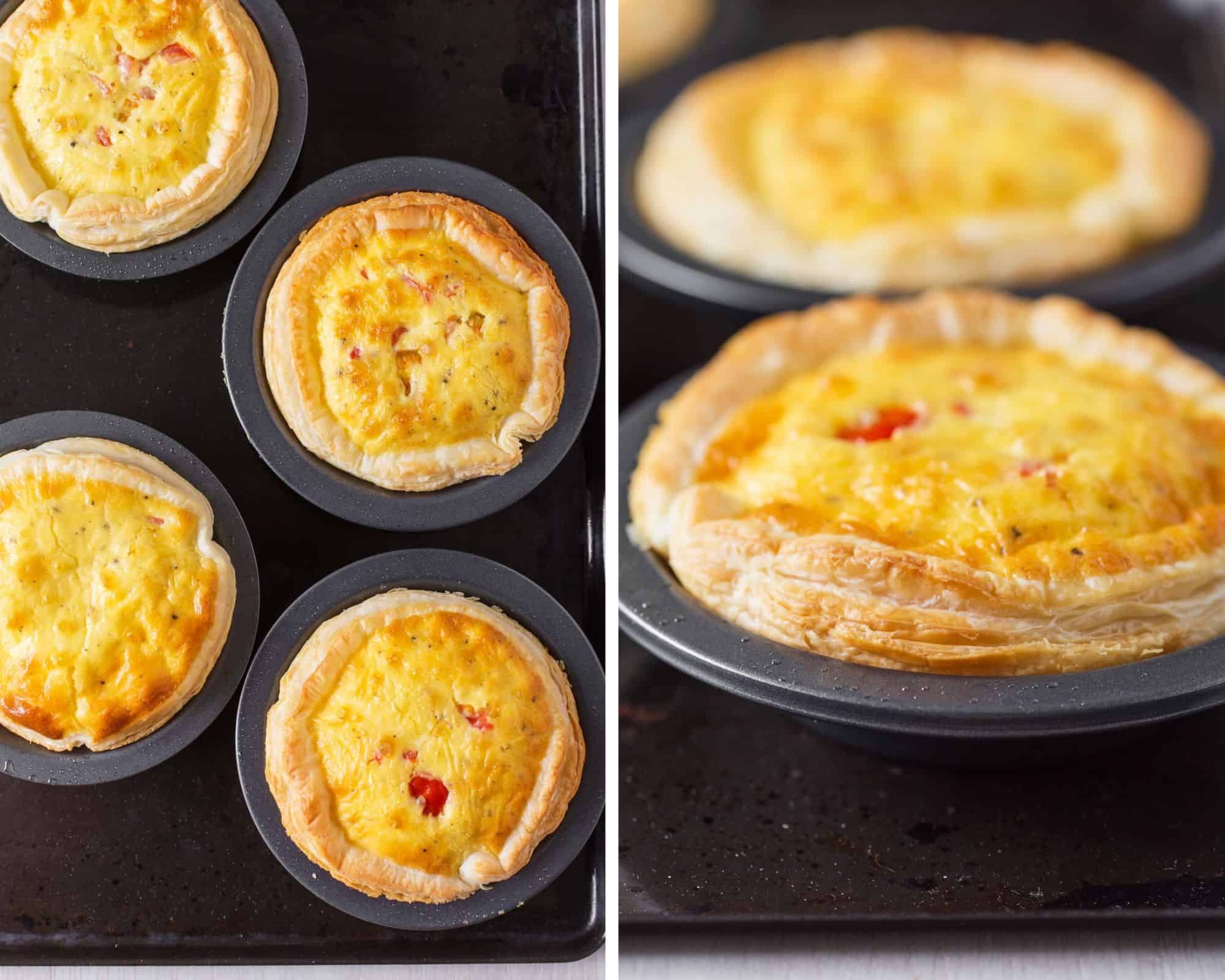 Baked quiches on baking sheet.