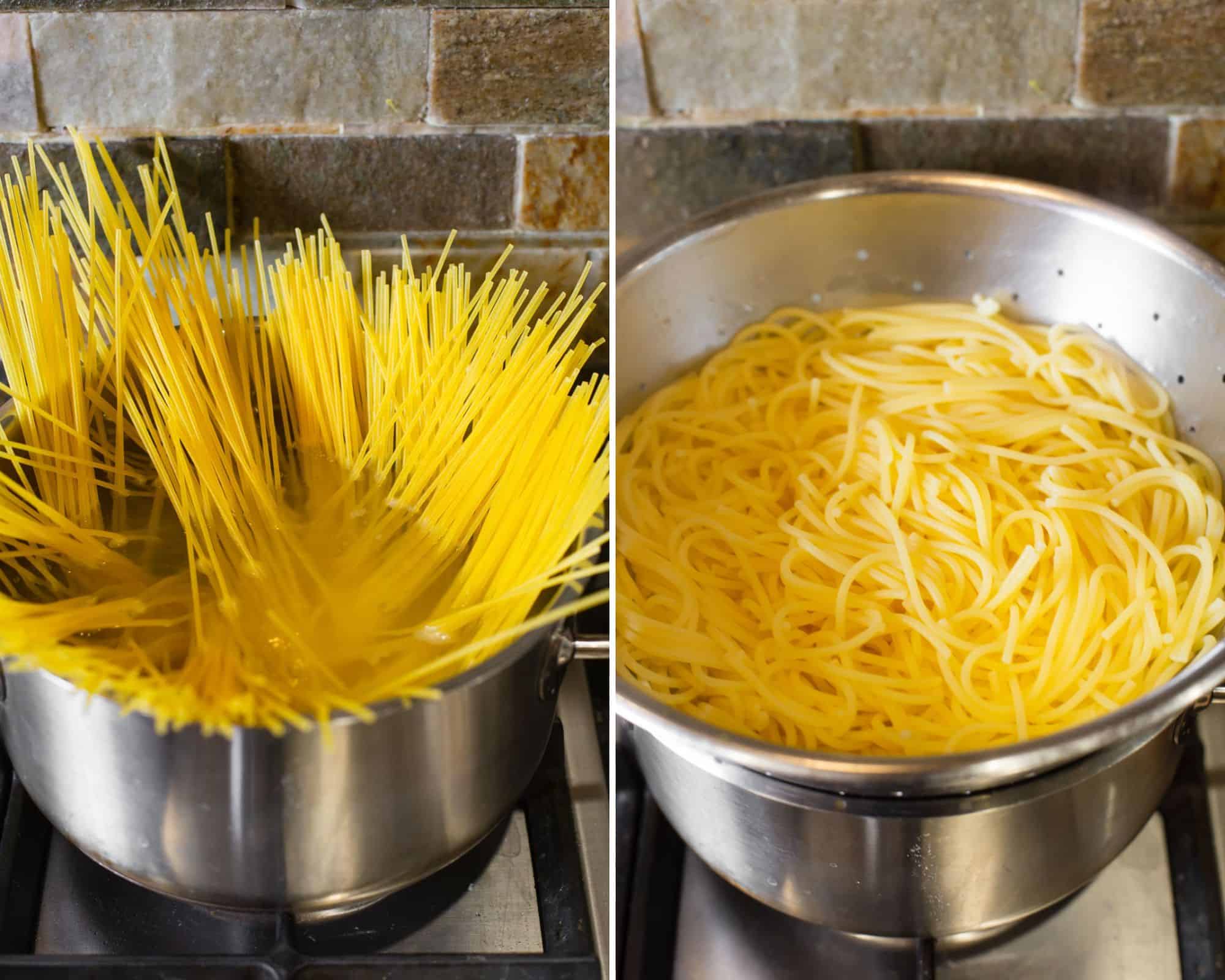 Adding uncooked spaghetti to boiling water in pot and draining it off through colander.